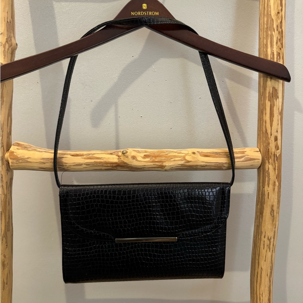 Vintage Black Crocodile-Embossed Shoulder Bag
